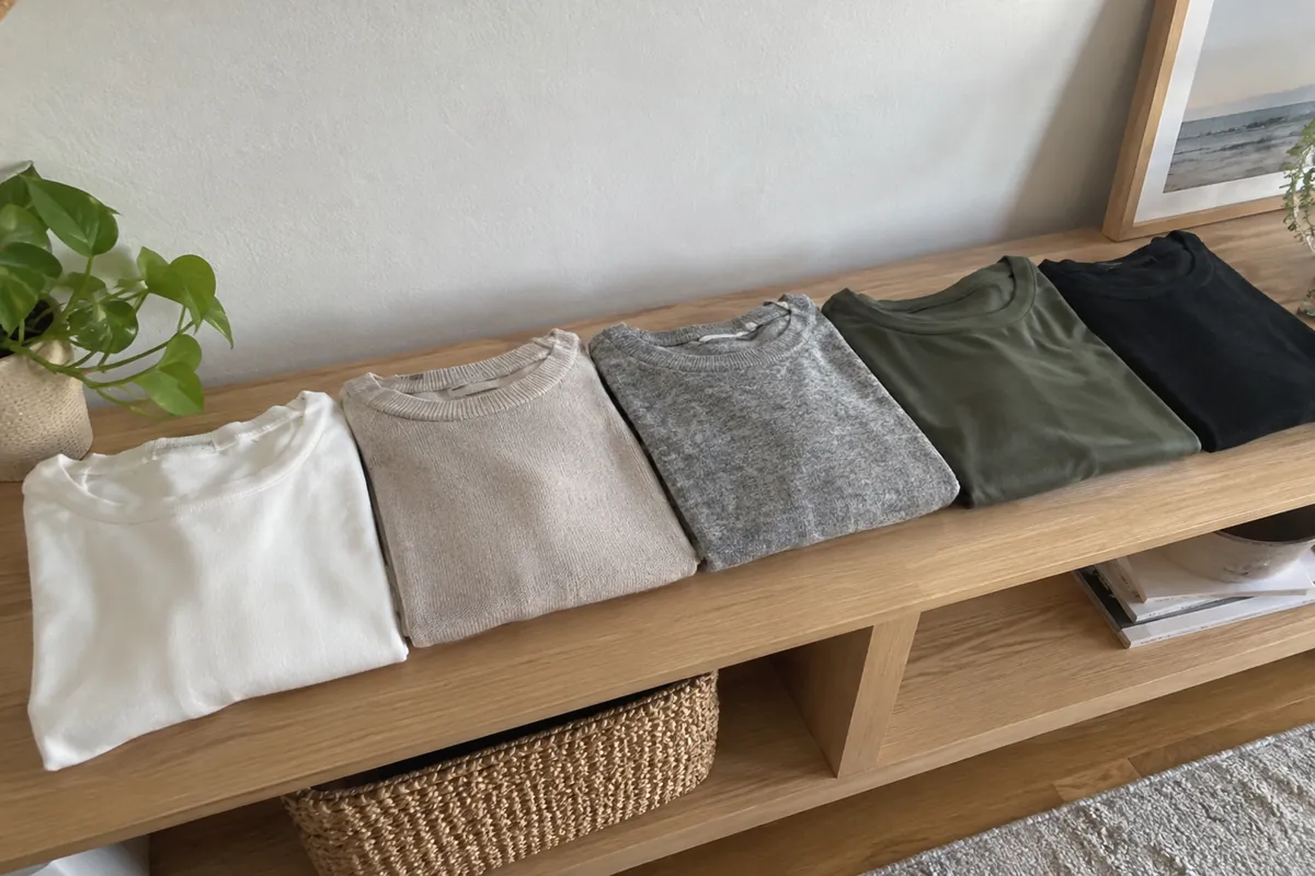 Five neutral tops folded in a row on a light oak shelf, shot from above