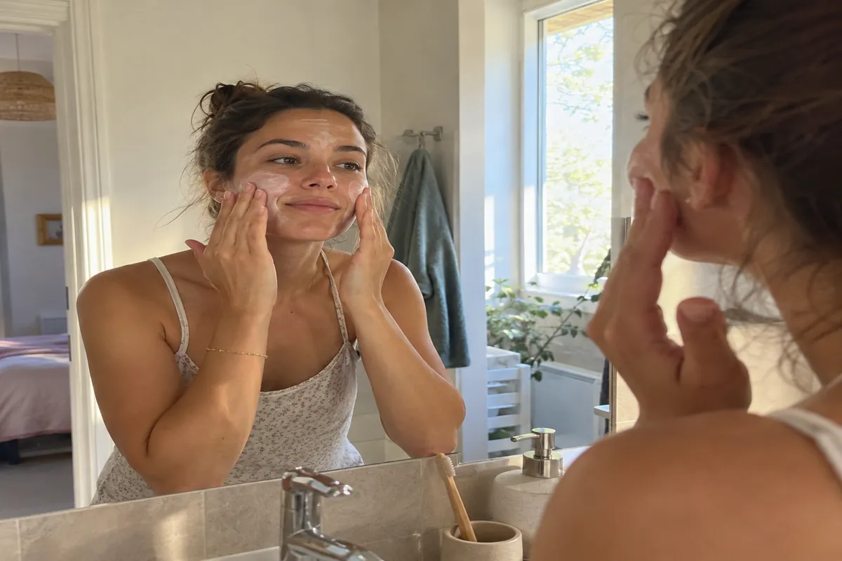 A woman applying sunscreen to her face in front of a bathroom mirror, morning light from a window