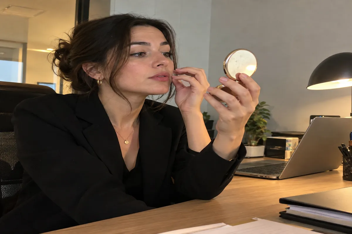 A woman checking her reflection in a small mirror at her office desk before a meeting
