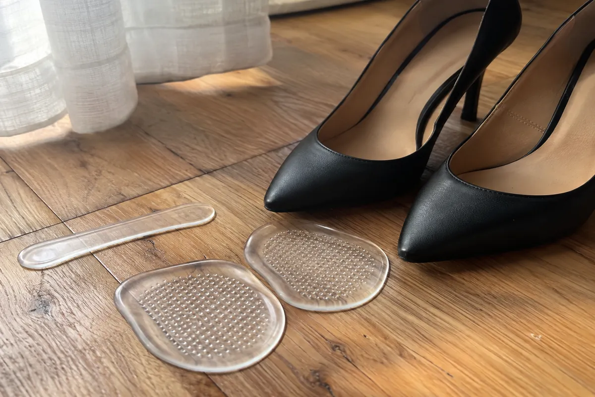Gel ball-of-foot inserts and a clear heel grip laid on a wooden floor next to a pair of heels