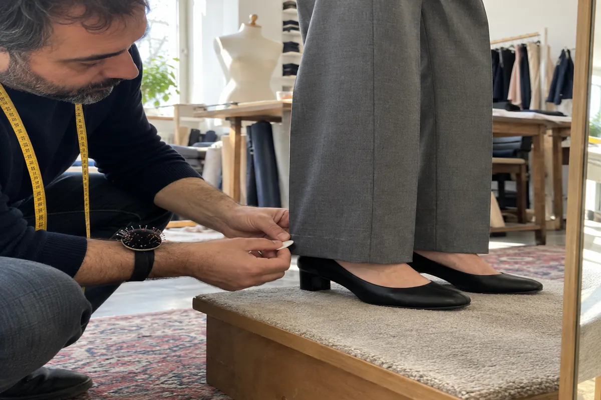 A tailor's hands marking the length of a trouser hem on a woman standing on a fitting platform